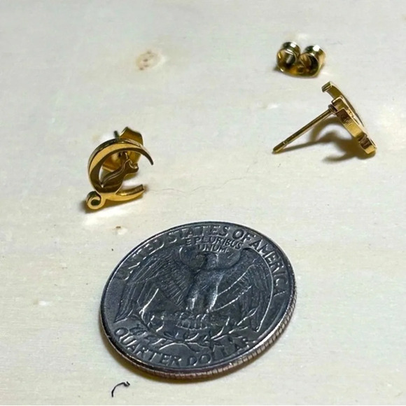 Stainless Steel Cat on Crescent Moon Stud Earrings | NEW Gold - Picture 7 of 7